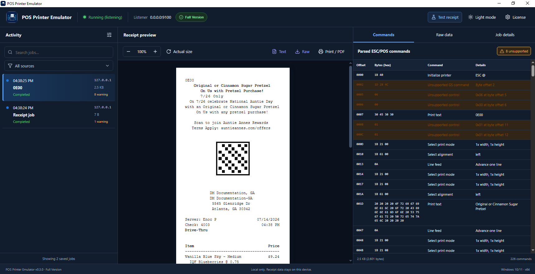 POS Printer Emulator receipt preview and command diagnostics